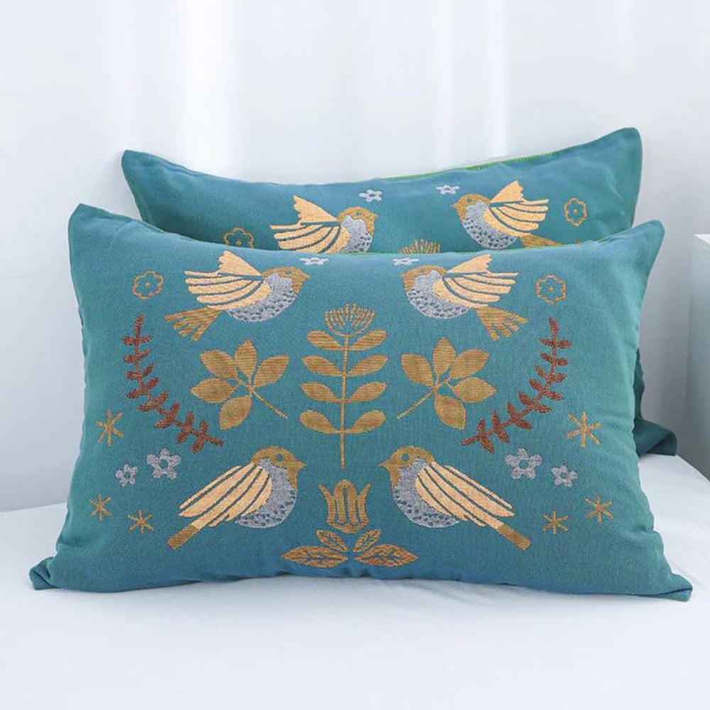 Boho Blumen Vogel Baumwoll-Gaze Kissenbezüge (2 Stück)