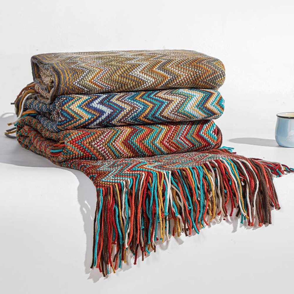 Multicolor Zickzack Fransen Strickdecke