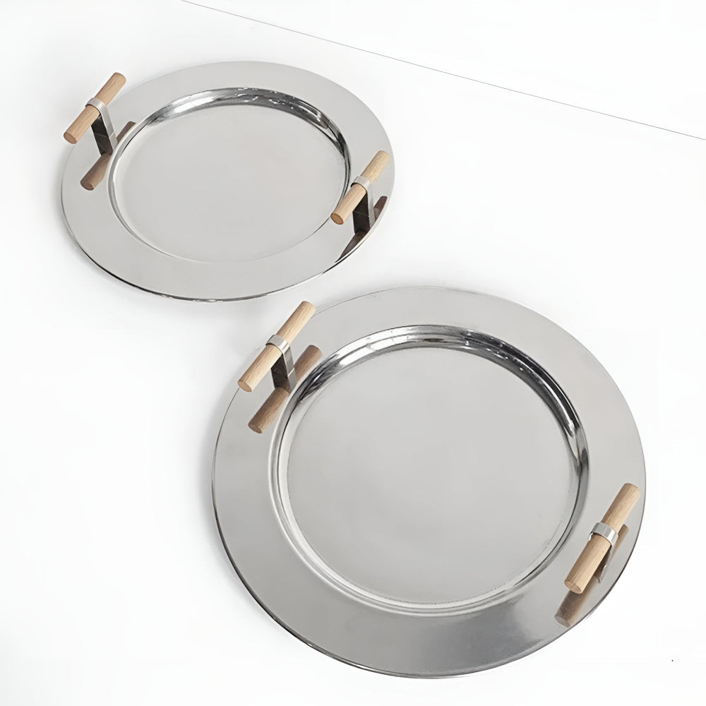 Elegantes Rundtablett aus Edelstahl mit Holzgriffen