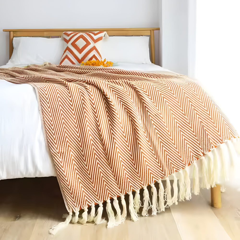 Fischgrätenmuster Quasten Strickdecke