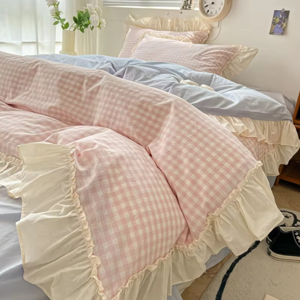 Gingham-Karo Rüschen-Bettwäsche-Set