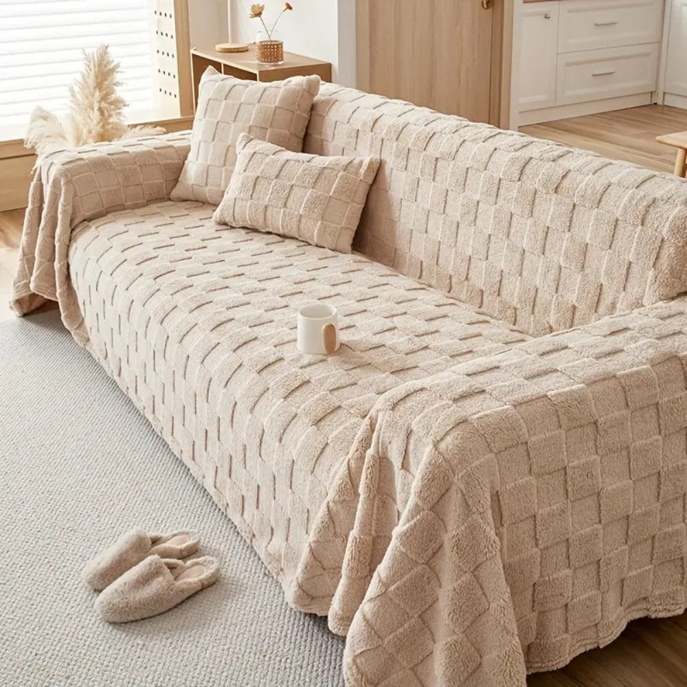 Karierter Plüschvelours Sofaüberwurf
