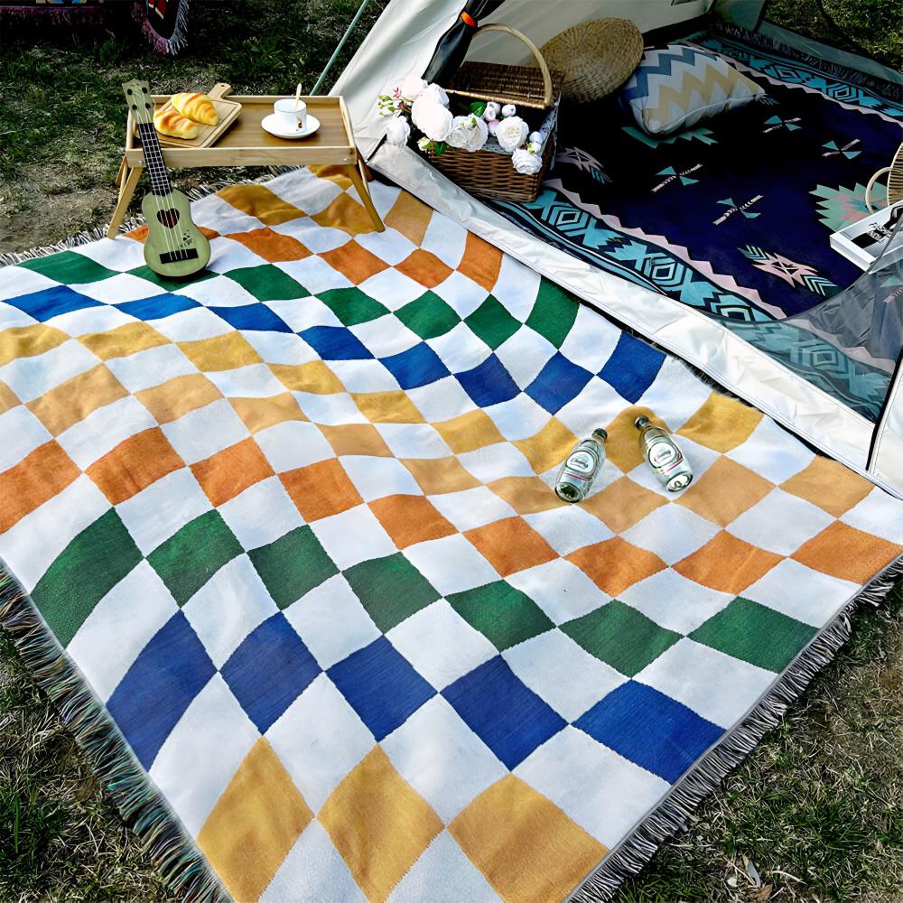 Buntes Schachbrett-Fransen-Decke