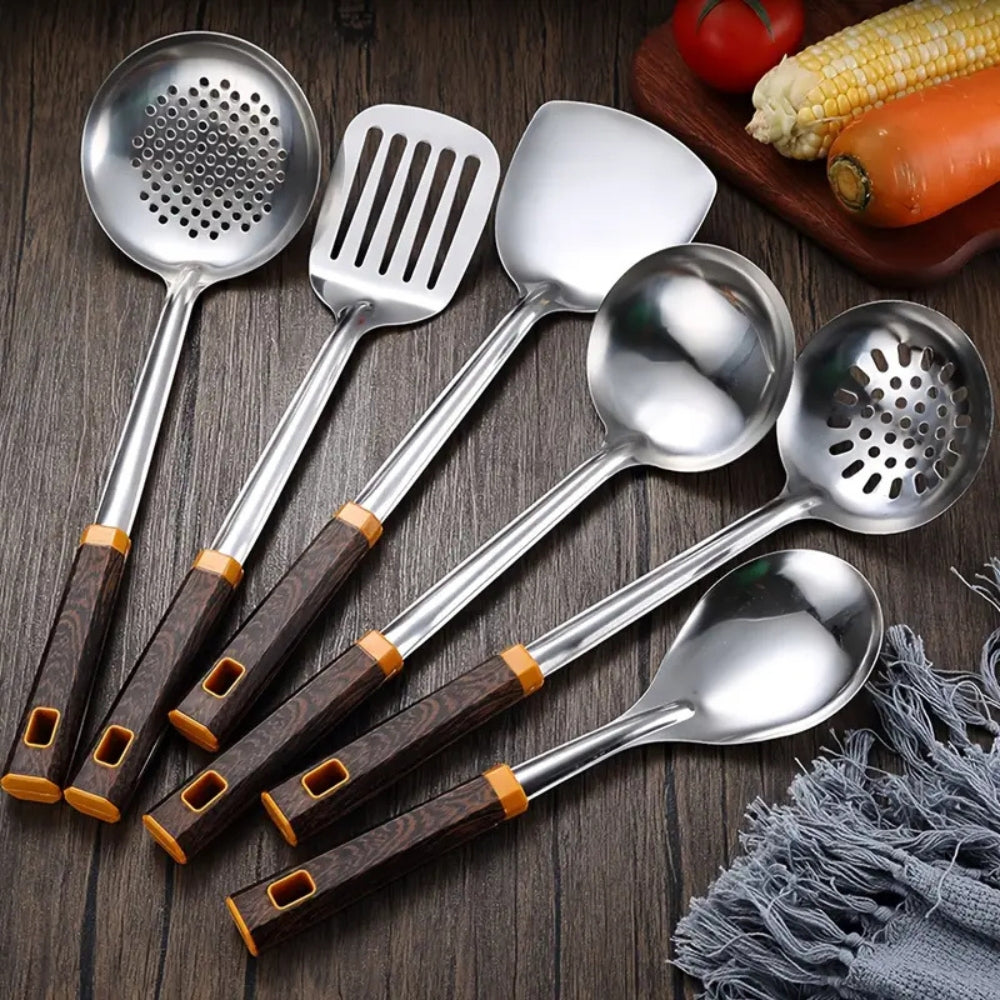 Edelstahl Utensilien mit Holzmaserung | 6-teiliges Set
