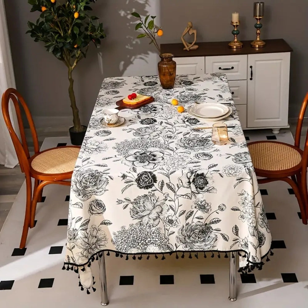 Schwarze Blumenfransen Farmhouse Tischdecke