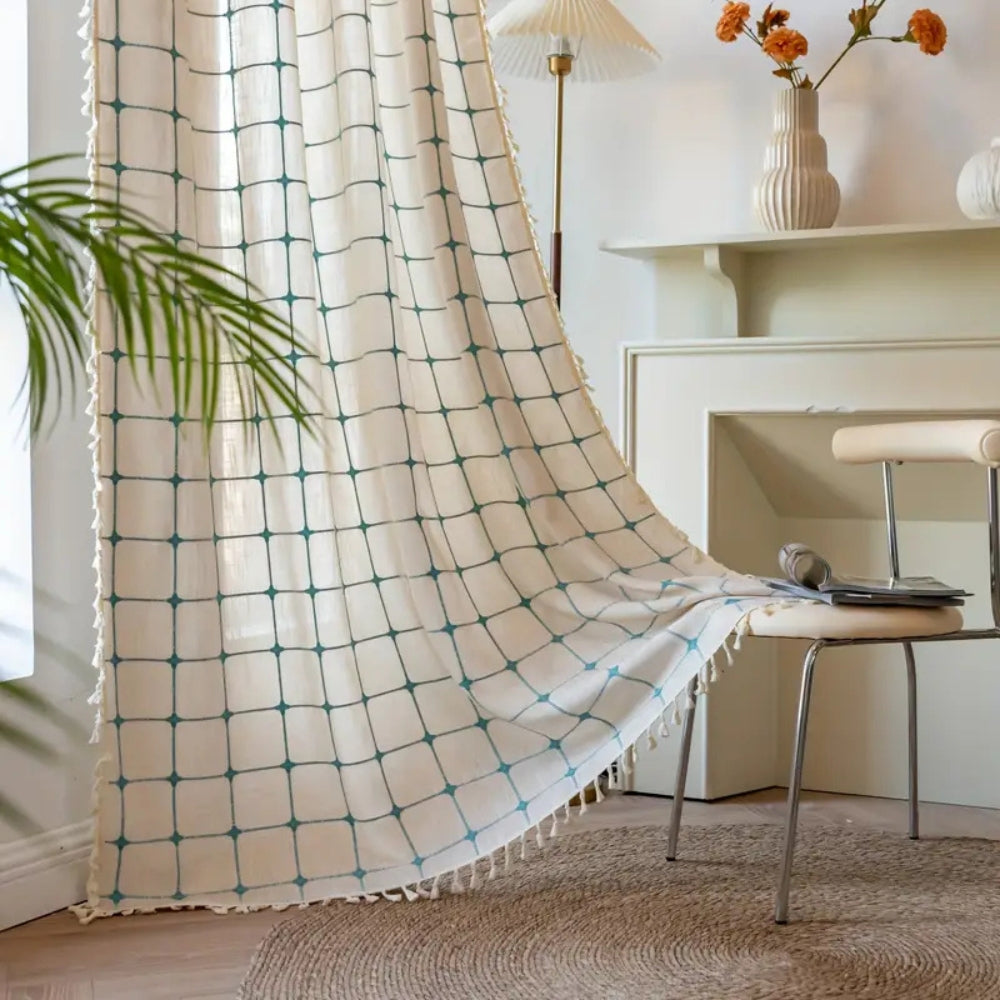 Türkis Gitter Boho Quasten Vorhang