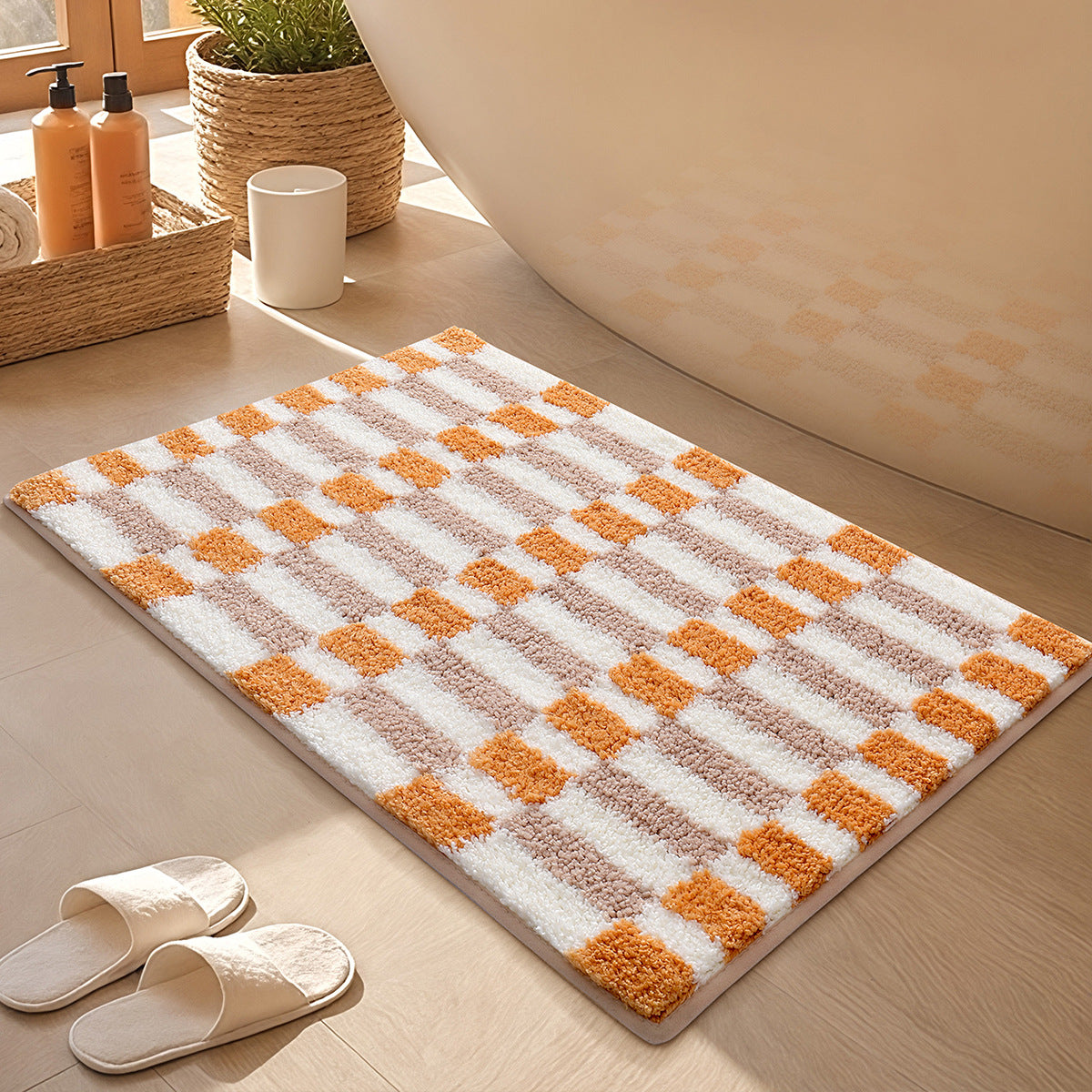 Karierter Rutschfester Flock Badezimmer Bodenmatte