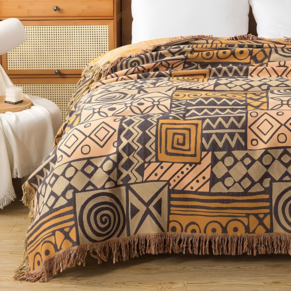 Tribal Patchwork Wendedecke mit Quasten aus Baumwolle