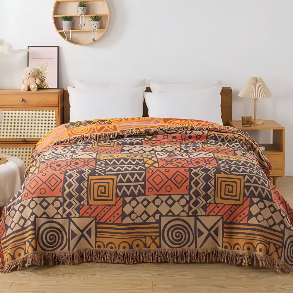 Tribal Patchwork Wendedecke mit Quasten aus Baumwolle