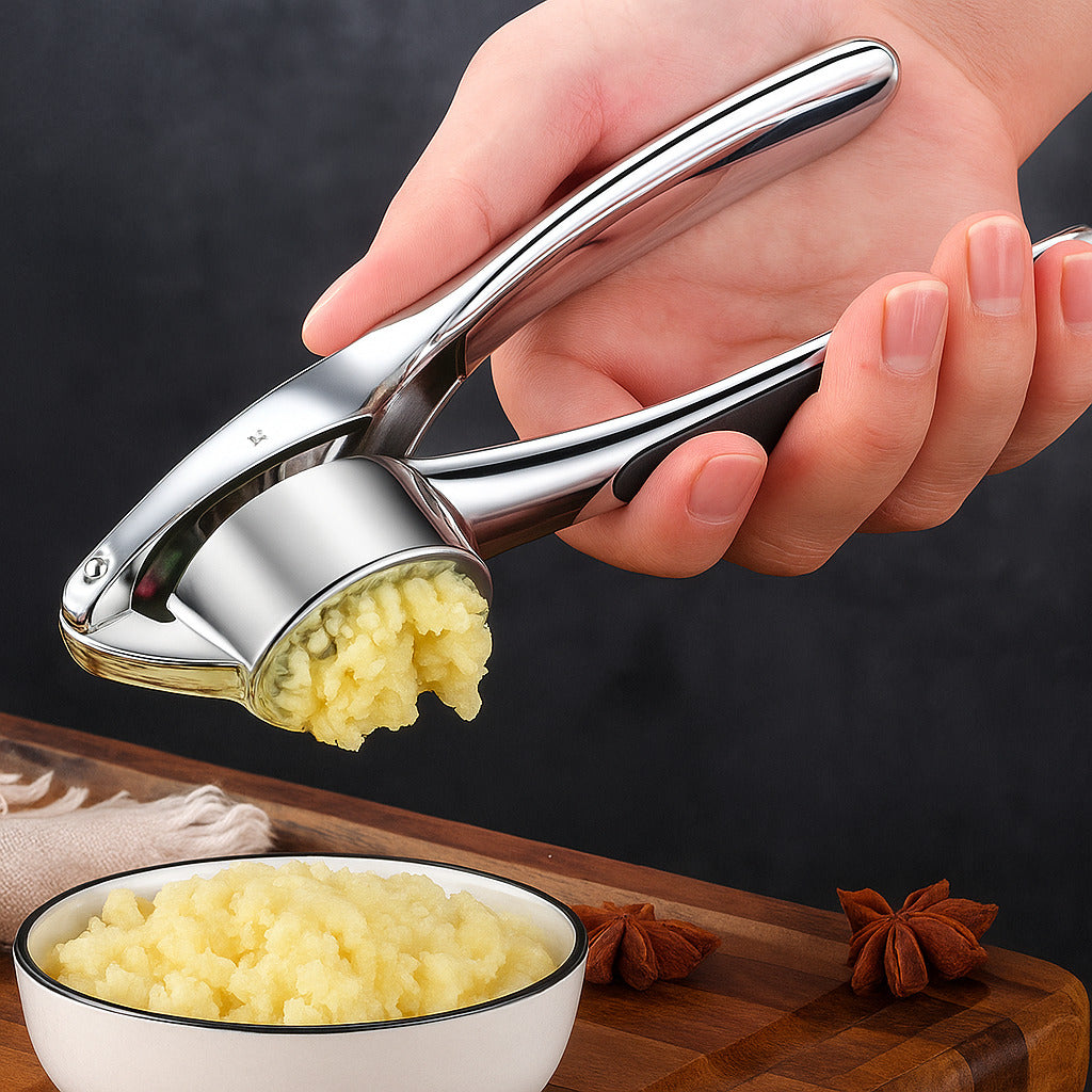 Minimalistischer Edelstahl-Knoblauchpress mit rutschfestem Griff