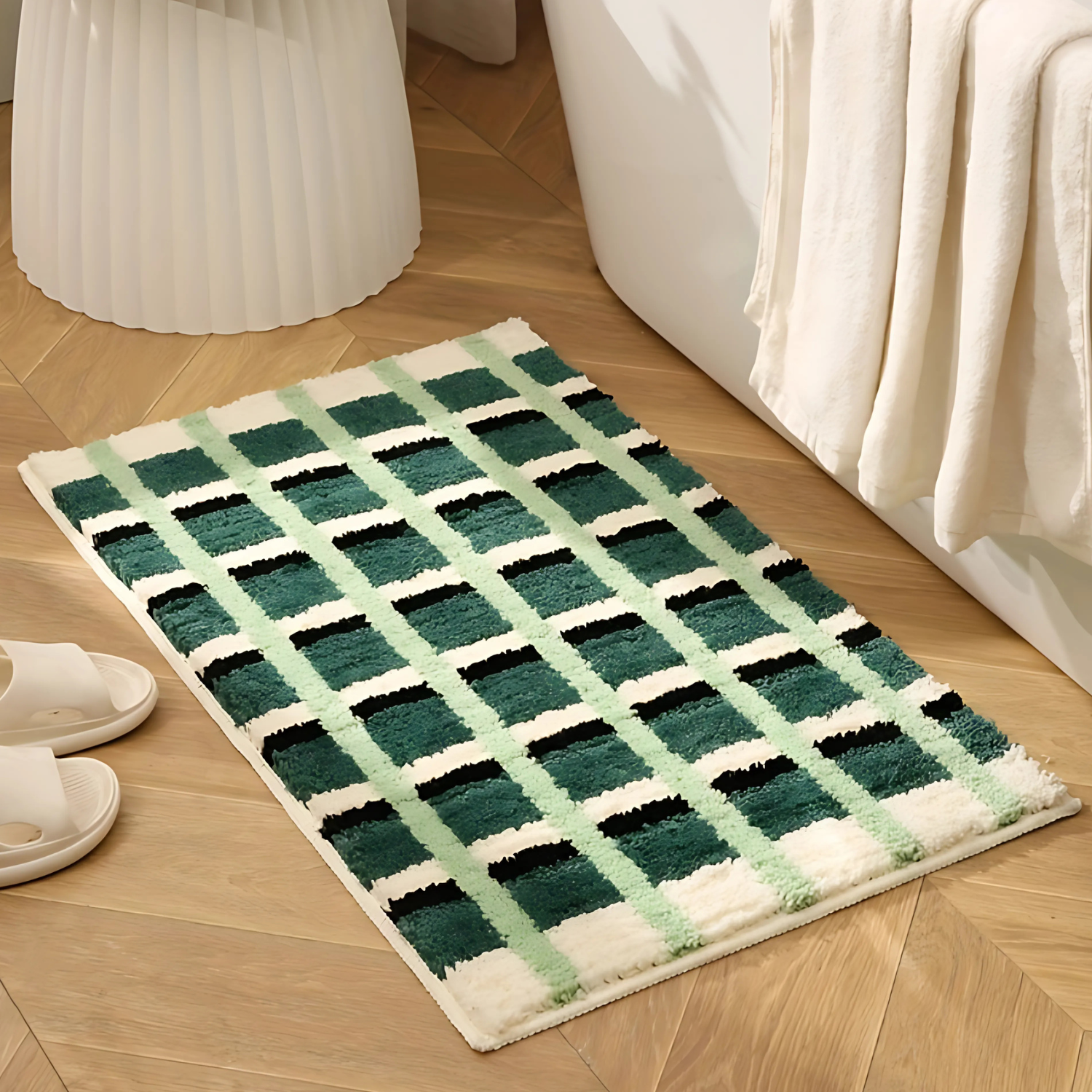 Moosgrüner geometrischer Flock-Badematte
